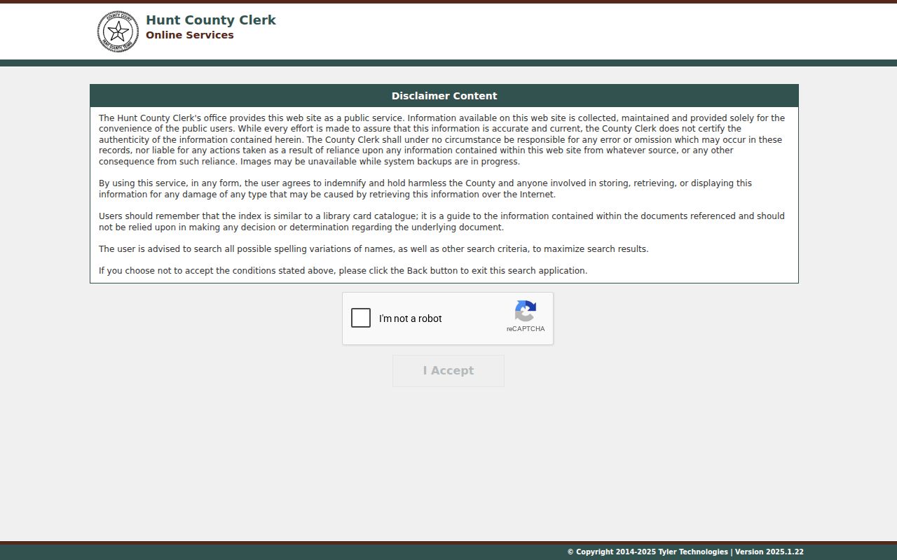 Hunt County case lookup index disclaimer