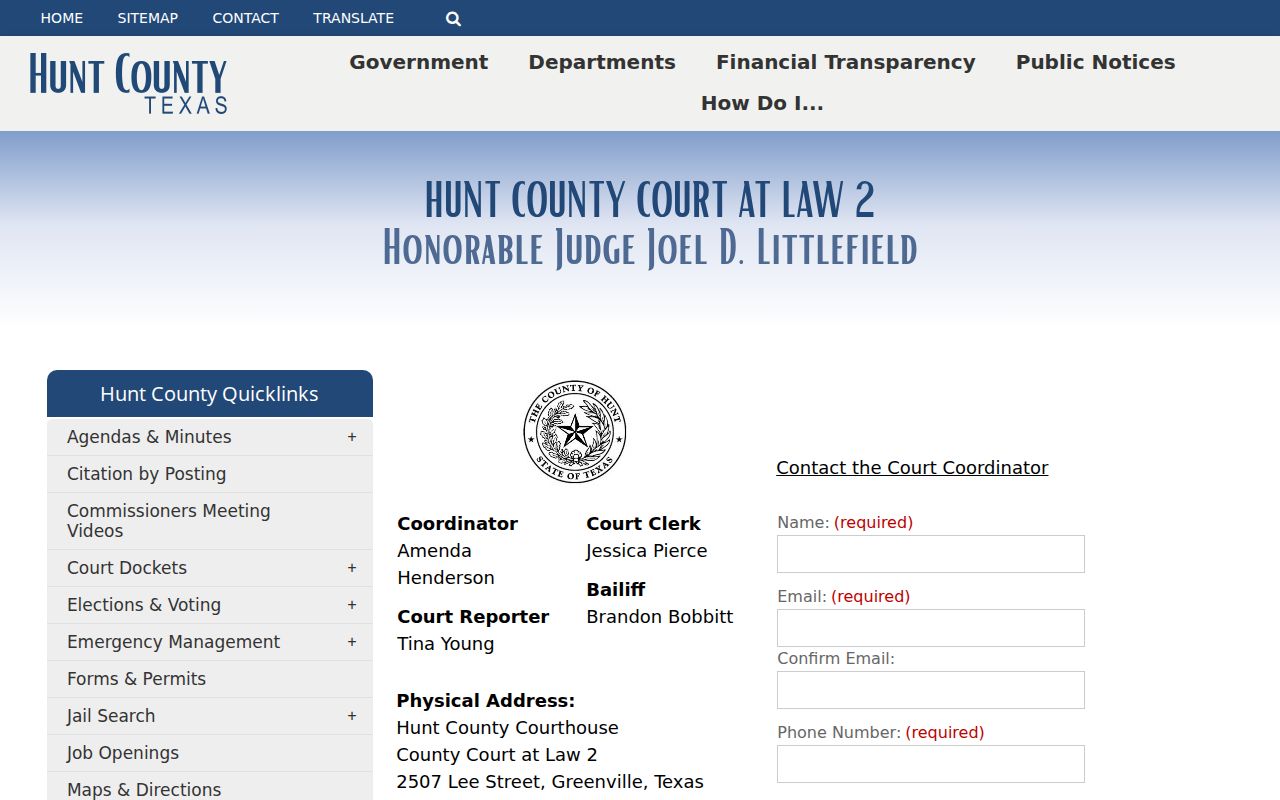 Hunt County Court at Law calendar page