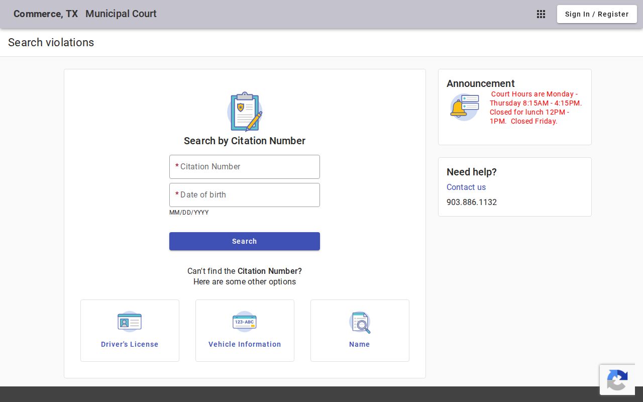 Hunt County traffic ticket search fields on the Commerce portal