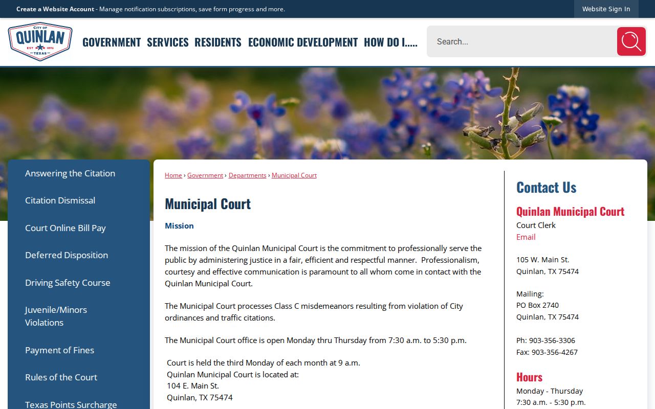 Quinlan court docket monthly setting and clerk hours